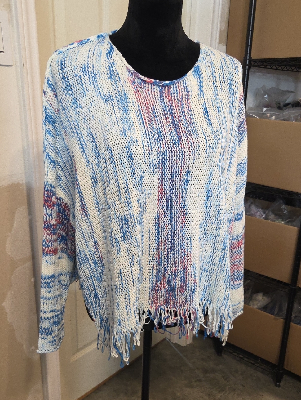 Laurie Felt Multicolor Marled Knit Fringe Pullover Sweater Boho Oversized Pink